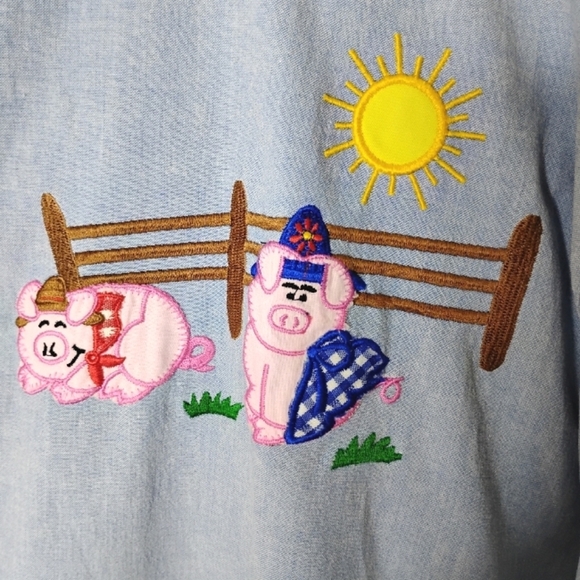Vintage Plus 24W Pig, Farm Scene Embroidered Button Shirt Separate Issue Country - Picture 2 of 8